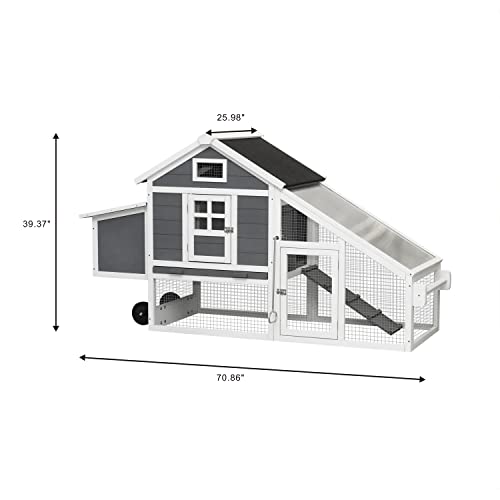 Movable Chicken Coop with Wheels for 4-6 Chickens, Outdoor Wooden Hen House with Run and Nesting Box I1743
