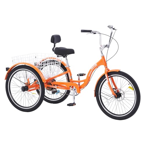 VEVOR Adult Tricycle 24 Inch 3-Wheel Aluminum Cruiser Bike with Basket, Orange B178