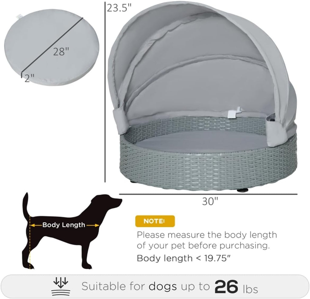 Wicker Dog Bed Rattan Pet Sofa with Adjustable Canopy and Cushion, Grey V581