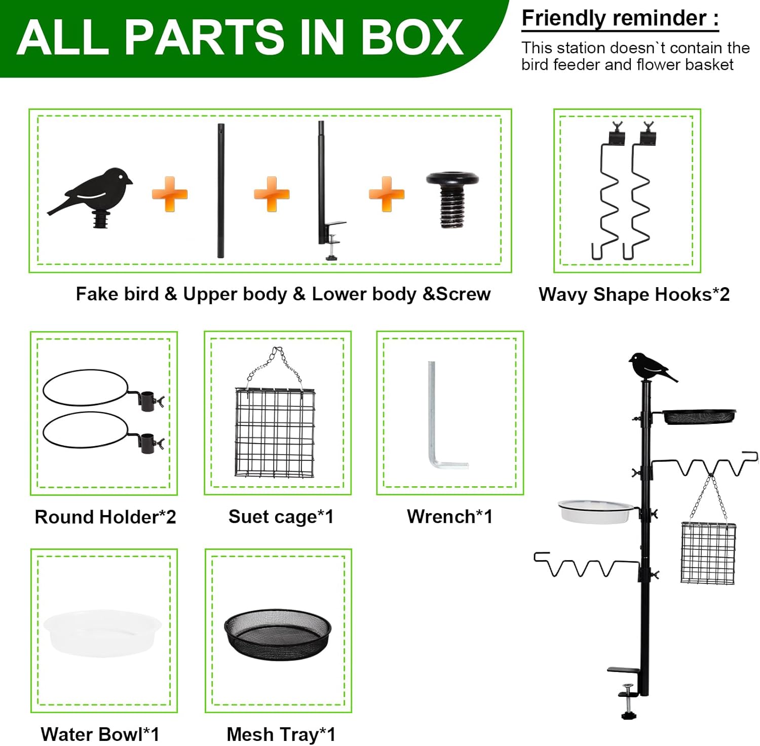 Deck Bird Feeder Station Kit with Steel Hanging Pole, Black A891378