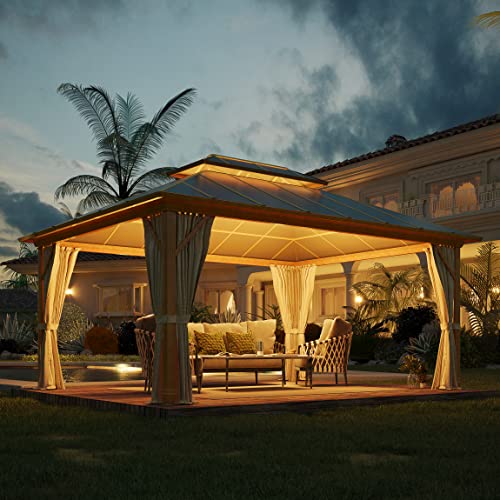 YOLENY 10' x 12' Hardtop Gazebo with Galvanized Steel Double Roof, Netting and Curtains Y84317
