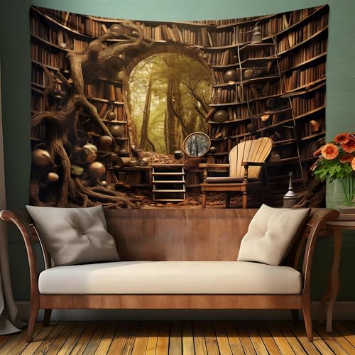 QGHOT Medieval Bookshelf Tapestry Vintage Library Wall Hanging P36533