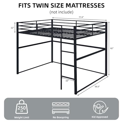 Metal Loft Bed Frame Twin Size with Safety Guard Rails & Built-in Ladder, Black C7852