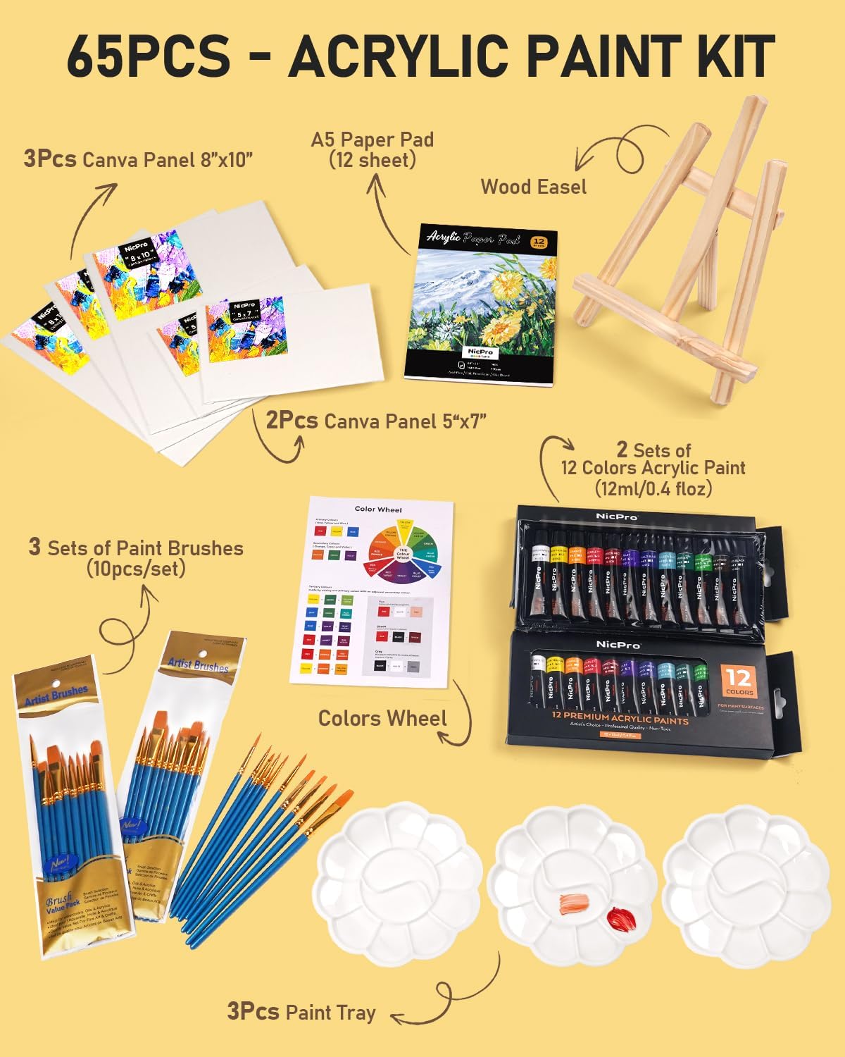 Nicpro 65PCS Acrylic Paint Canvas Set with 30 Brushes, 5 Canvas, Wood Easel for Beginner Artists B150