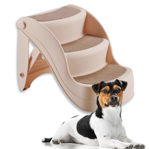 3-Step Folding Dog Stairs for Small Dogs - Non-Slip, Lightweight, Indoor/Outdoor - Pet Stairs for High Beds, Sofas, and Vehicles - Dog and Cat Steps Ideal for Small & Medium Pets - (Beige)