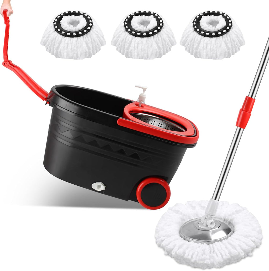 Spin mop and Bucket with Wringer Set, 360° Rotating Mop Bucket System with 3 Microfiber Mop, Stainless Steel Floor Cleaning System with Dual Mode