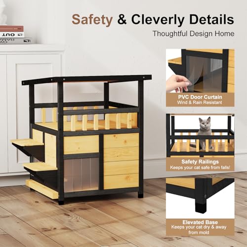 Outdoor Cat House Weatherproof Two Story Feral Cat Shelter with Escape Door G358954