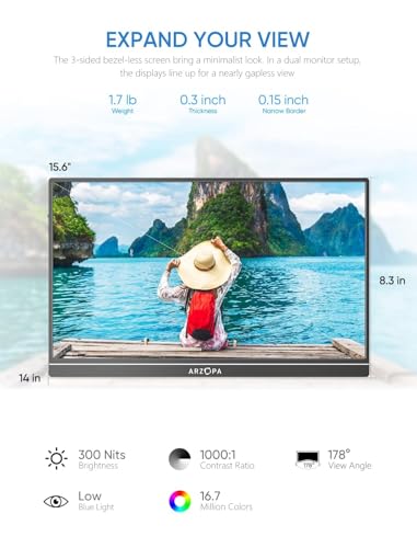 ARZOPA 15.6'' FHD 1080P Portable Monitor with Kickstand, IPS Display, USB-C & HDMI J54429