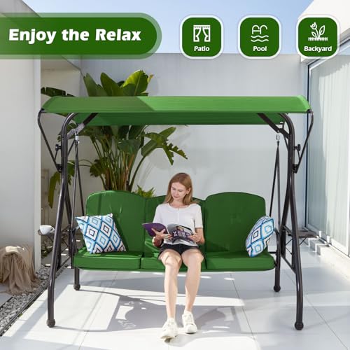 800LBS Patio Swing with Canopy 3 Seat Outdoor Porch Swing with Stand, Cup Holder & Pillow (Green) O887