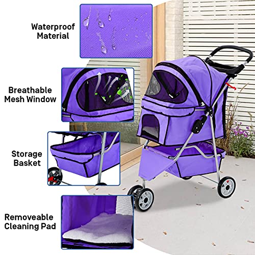 3 Wheels Pet Stroller for Dog Cat, Lightweight Foldable Jogger with Cup Holders, Pink K1046