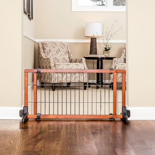 Carlson 70-Inch Wide Adjustable Freestanding Pet Gate, Wood, Brown Y7776
