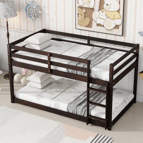 Twin Over Twin Wood Bunk Bed with Ladder and Guardrails for Kids P604