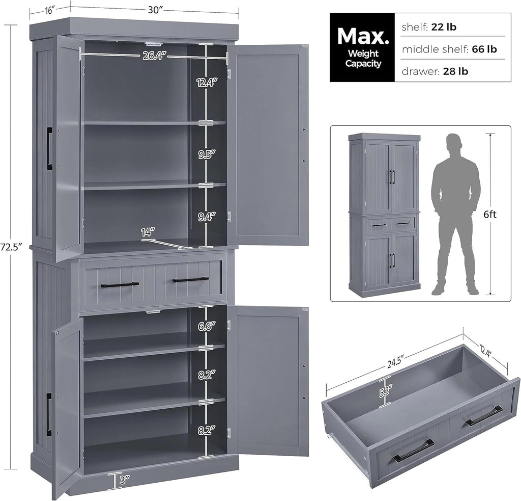 72.5" Kitchen Pantry Storage Cabinet with Drawer, White K580631