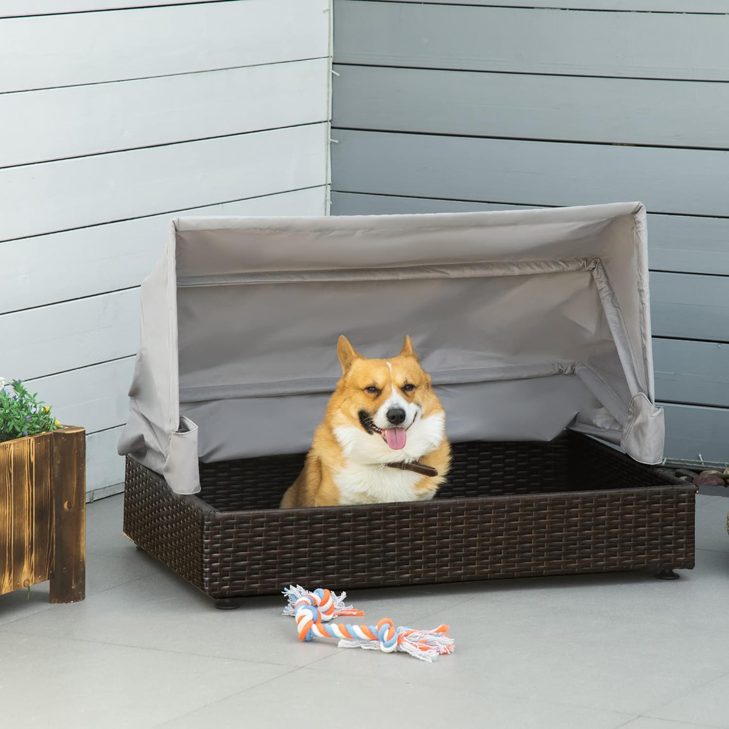 Rattan Dog Bed Elevated Pet Sofa with Foldable Canopy Z389902