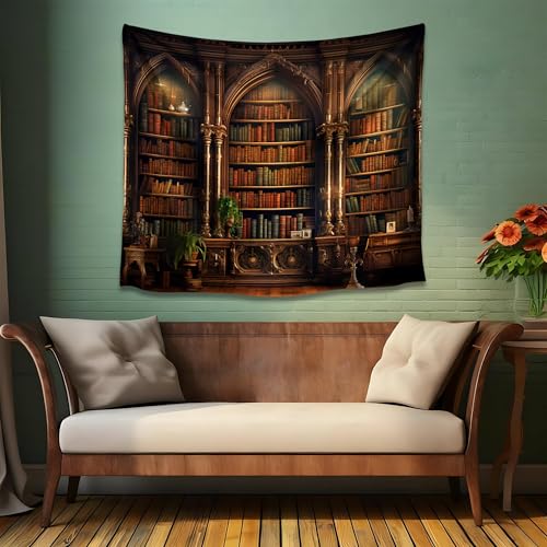 QGHOT Medieval Bookshelf Tapestry Vintage Library Wall Hanging P36533