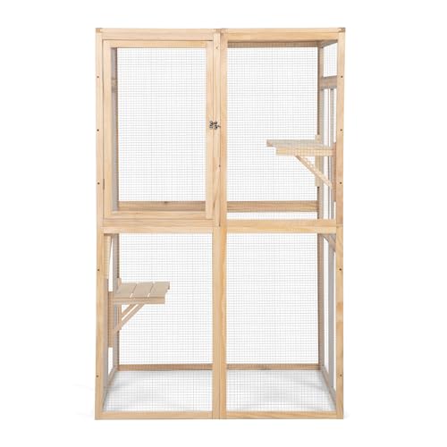 ISDAY Extra Large Outdoor Cat House Wooden Cat Cage Waterproof Roof Catio Outdoor Cat Enclosure - Cat Play & Run Enclosures Cat Playpen Window Cats Crate with 7 Platform and 2 Resting Box (Orange)