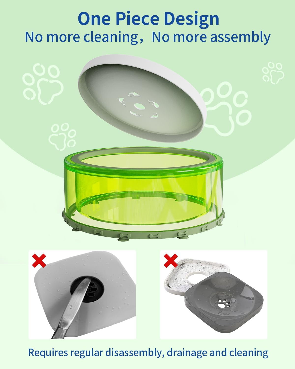 Dog Water Bowl No Spill Slow Feeder Large 2L with Silicone Suction Cup Green V925