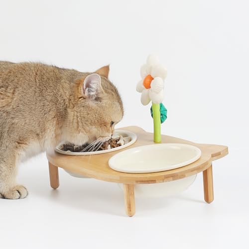 Elevated Cat Ceramic Bowls Stand with Bamboo Base, Anti Vomit, Raised Feeding Dish for Cats and Puppy (L-Beige) L28774
