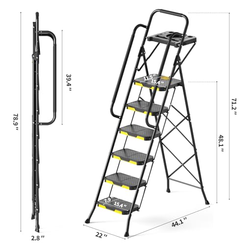 KINGRACK 6 Step Ladder with Tool Platform, Folding Steel Handrails S51168