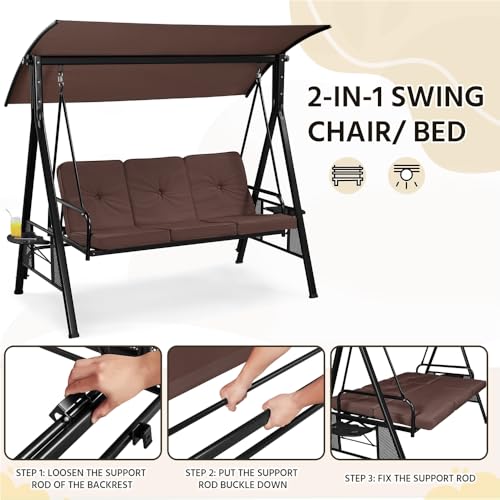 Yaheetech 3-Seat Outdoor Patio Swing with Adjustable Sunshade, Dark Brown B498326