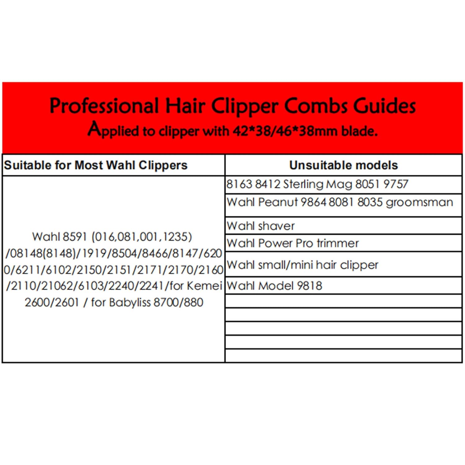 Wahl Replacement Hair Clipper Combs Set #3171-400, 8 Pcs, Black P2770