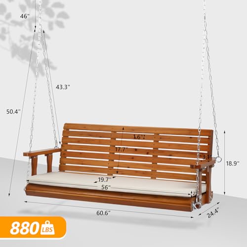 VINGLI Heavy Duty 880 LBS Patio Wooden Porch Swing with Extra Cushion, 5 FT Y211