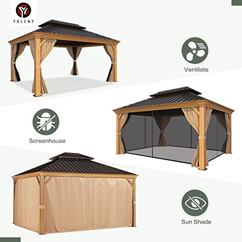 YOLENY 10' x 12' Hardtop Gazebo with Galvanized Steel Double Roof, Netting and Curtains Y84317