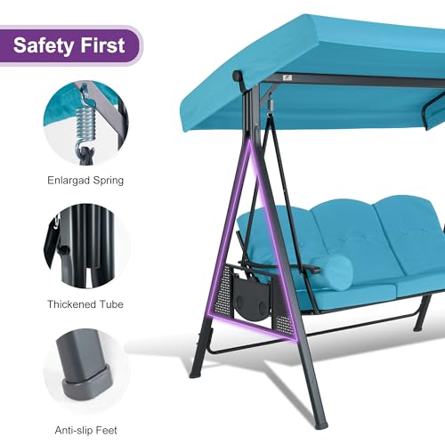 PURPLE LEAF Outdoor Patio Porch Swing with Adjustable Canopy, 3-Seat Bench, Grey W393