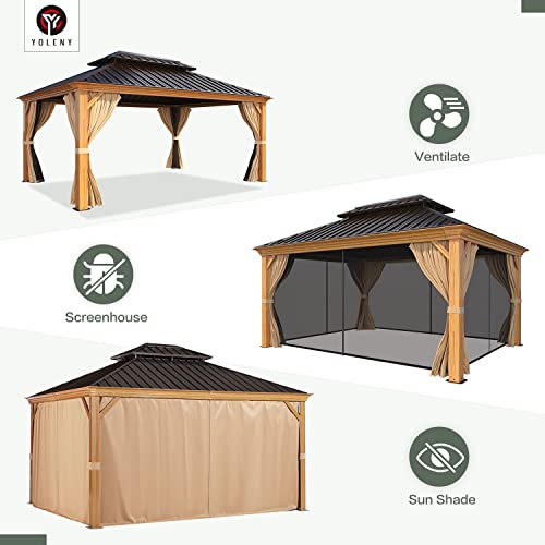 YOLENY 10' x 12' Hardtop Gazebo with Galvanized Steel Double Roof, Netting and Curtains Y84317