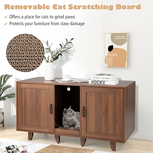 Tangkula Double Cat Litter Box Enclosure Cabinet with Scratching Board, Grey Oak A19110