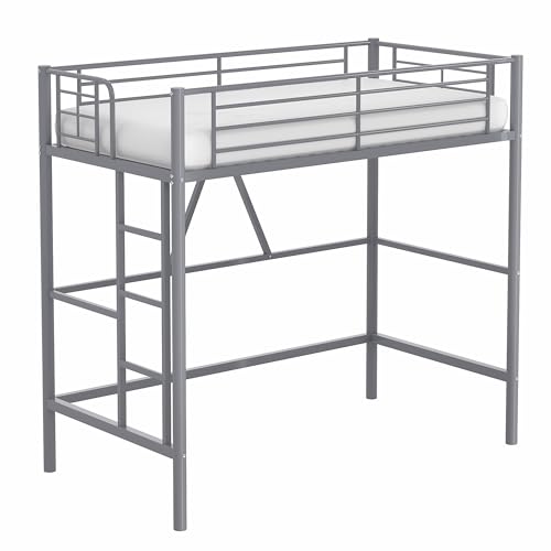 VECELO Loft Bed Twin Size Metal Frame with Ladder and Guardrail, Pink B728246