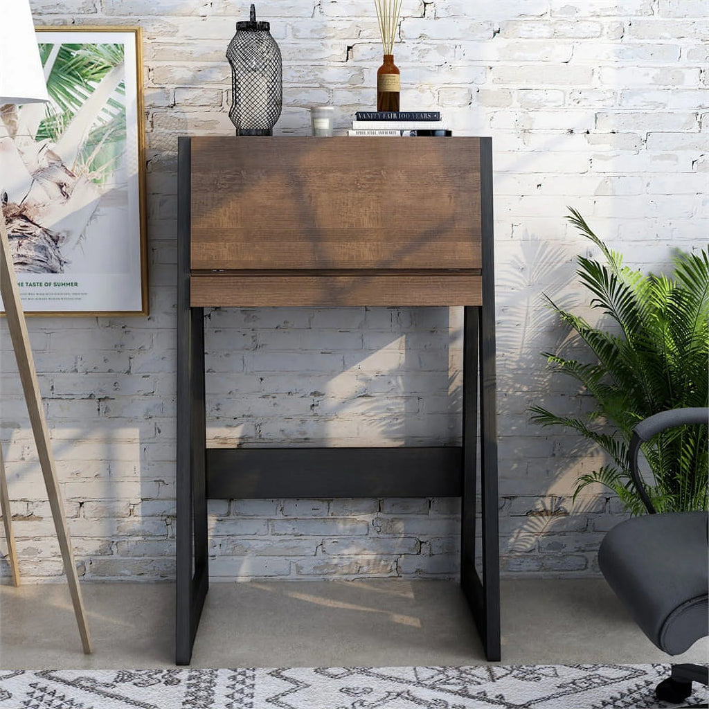 Urbanpro Modern Wood Secretary Desk Walnut Oak Brown/Black P61080