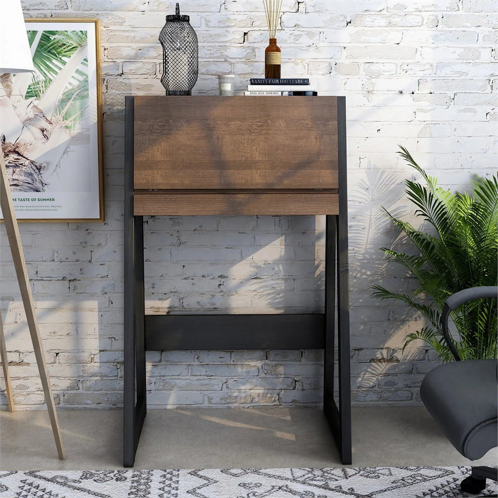 Urbanpro Modern Wood Secretary Desk Walnut Oak Brown/Black P61080