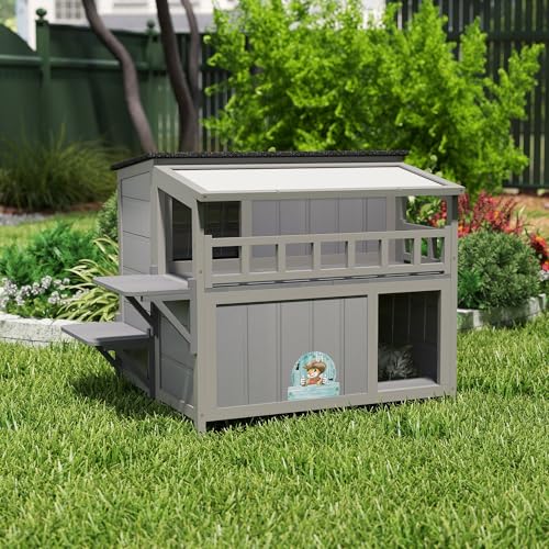 Outdoor Cat House 2-Tier Wood Shelter with Sunlight Roof, Gray J986