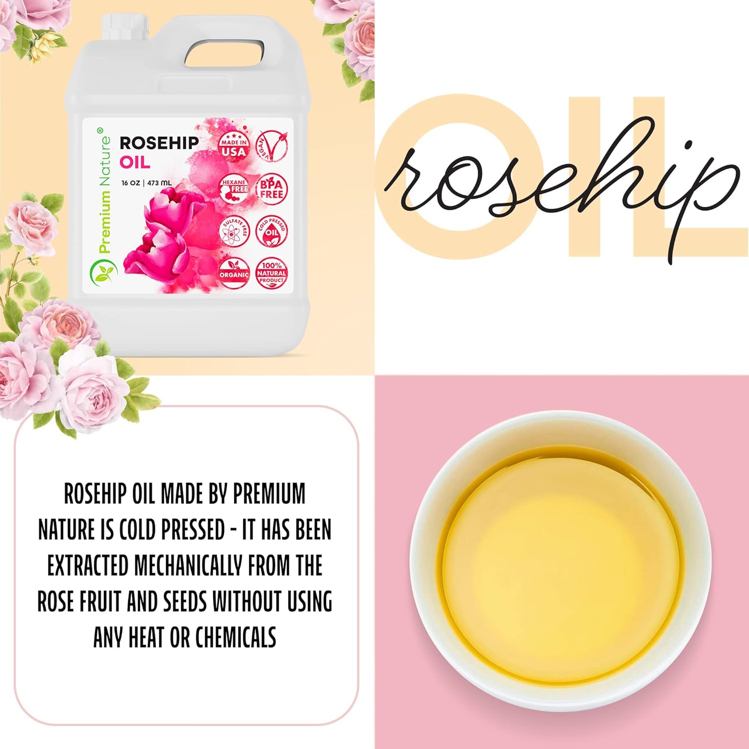 Rosehip Oil for Skin Face Body Hair Nails 16oz Cold Pressed Unrefined X7473