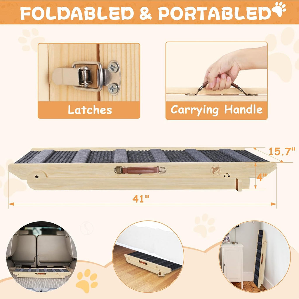 Folding Wooden Dog Ramp for Bed, Car, Couch, Adjustable Height, Supports 200lbs U10438