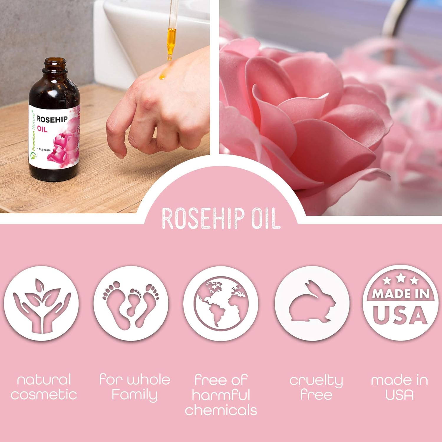 Premium Nature Rosehip Oil for Face, Hair and Nails, Cold Pressed Unrefined, 4oz C22957