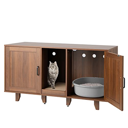 Tangkula Double Cat Litter Box Enclosure for 2 Cats, Large Stackable Hidden Privacy Cat Washroom Cabinet with Scratching Board, Indoor Cat House TV Stand, Litter Box Furniture (Grey Oak)