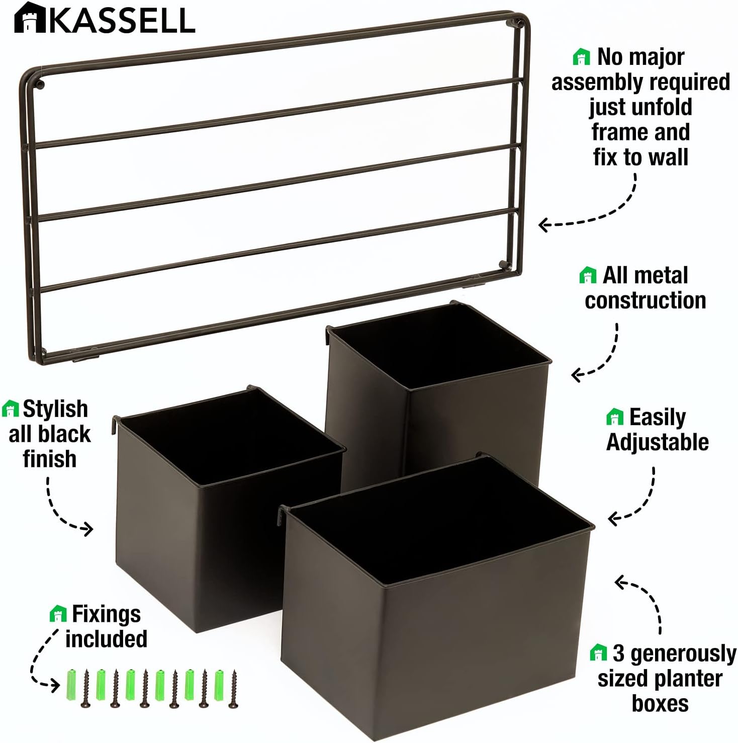 KASSELL Vertical Garden Wall Planter, Wall Mounted, All Metal Black H82295
