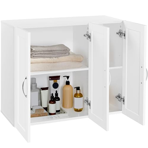 Yaheetech Bathroom Wall Cabinet with Three Doors and Adjustable Shelf, White D80401