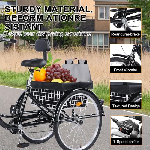Adult Tricycle 26-Inch 3-Wheel Cruiser Bike with Basket and Adjustable Seat B1178