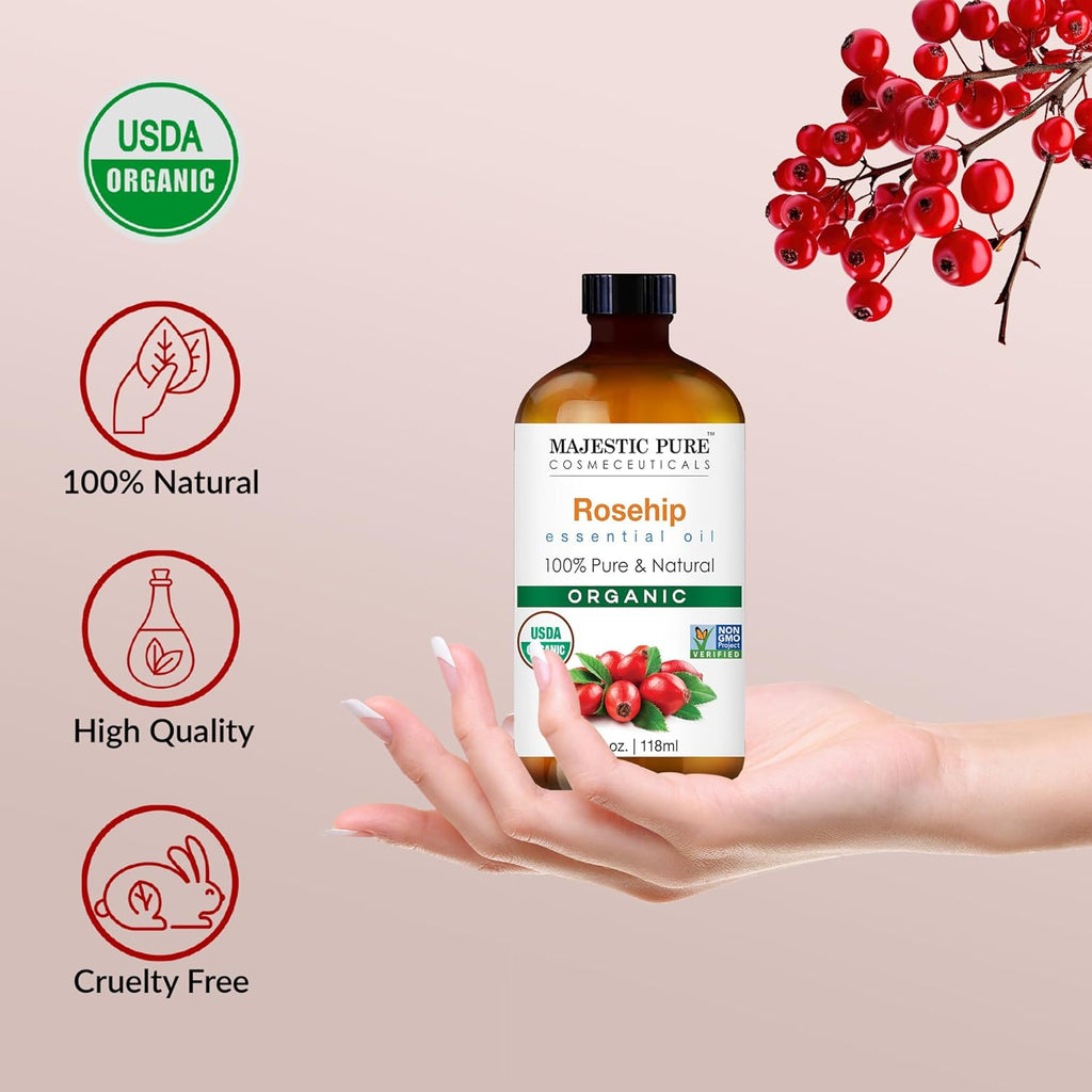 Majestic Pure Organic Rosehip Oil for Face, Skin, Hair & Massage, 4 fl oz N8278