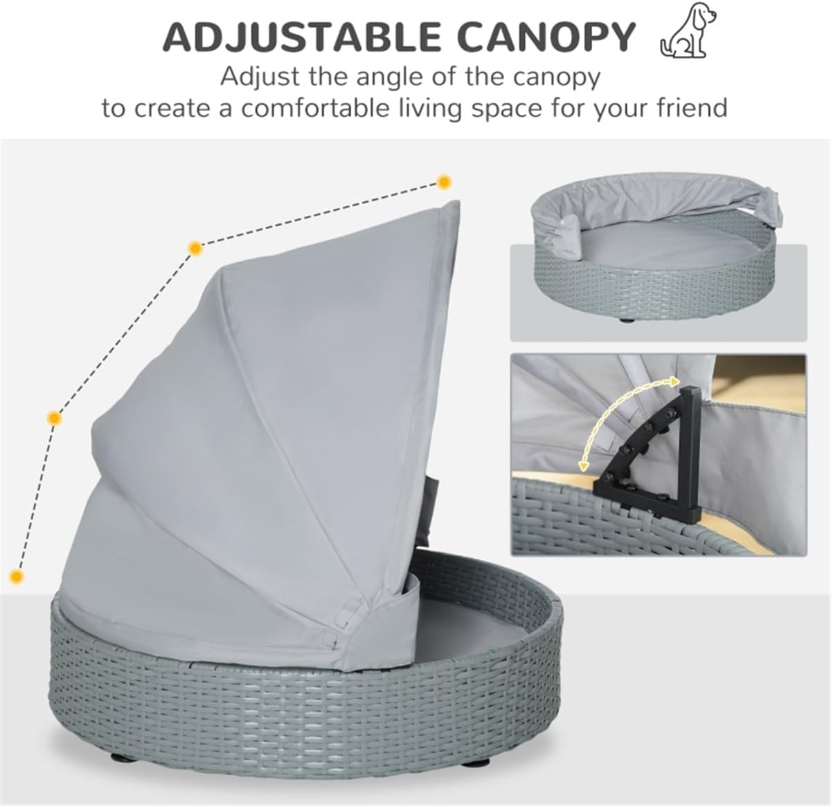 Wicker Dog Bed Rattan Pet Sofa with Adjustable Canopy and Cushion, Grey V581