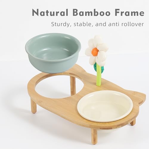 Elevated Cat Ceramic Bowls Stand with Bamboo Base, Anti Vomit, Raised Feeding Dish for Cats and Puppy (L-Beige) L28774
