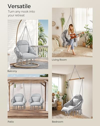 SONGMICS Hanging Chair with Large Thick Cushion, Boho Swing Chair, Cream White C225966