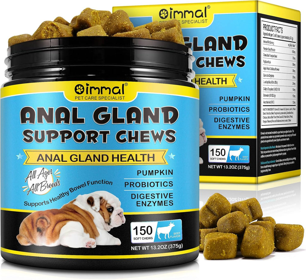 Anal Gland Support Soft Chews for Dog, 150PCs Dog Anal Gland Treats w/Pumpkin, Digestive Enzyme & Probiotics Support Healthy Bowel Function - Dog Health Supplies Fibre Supplements Chews - Beef Flavor