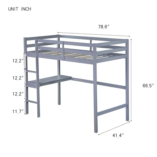 Twin Size Low Loft Bed with Ladder and Safety Guardrail, Solid Wood, White D5235