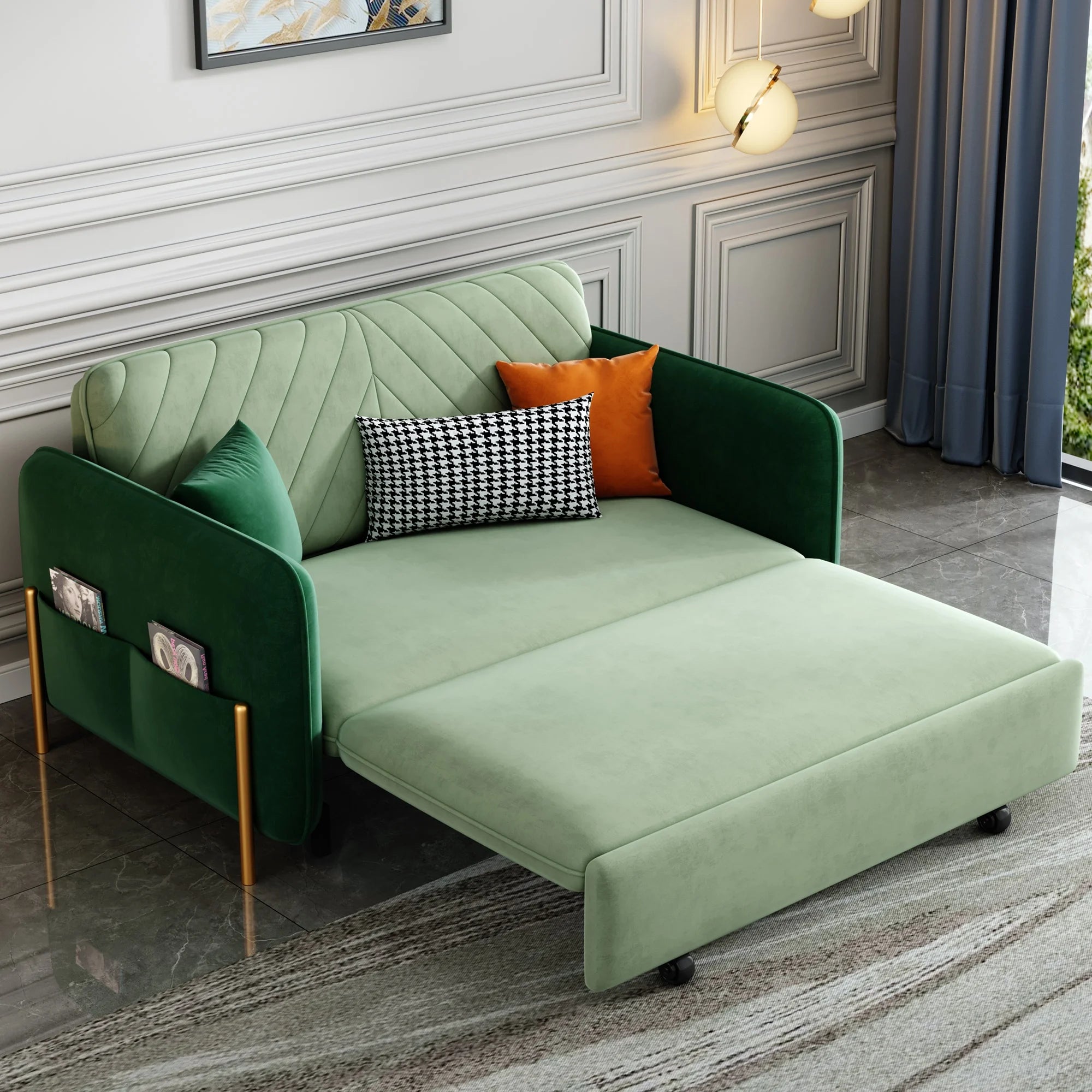 Green Velvet Convertible Sofa Bed Sleeper with Pullout Bed S663779