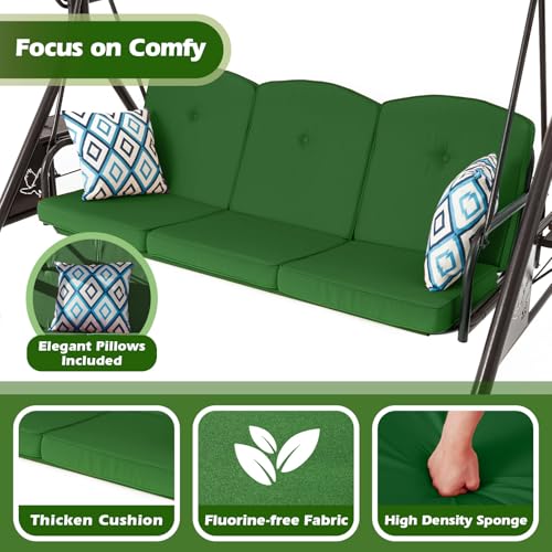 800LBS Patio Swing with Canopy 3 Seat Outdoor Porch Swing with Stand, Cup Holder & Pillow (Green) O887