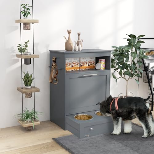 PawHut Pet Feeder Station Storage Cabinet with Raised Bowls, White H257780